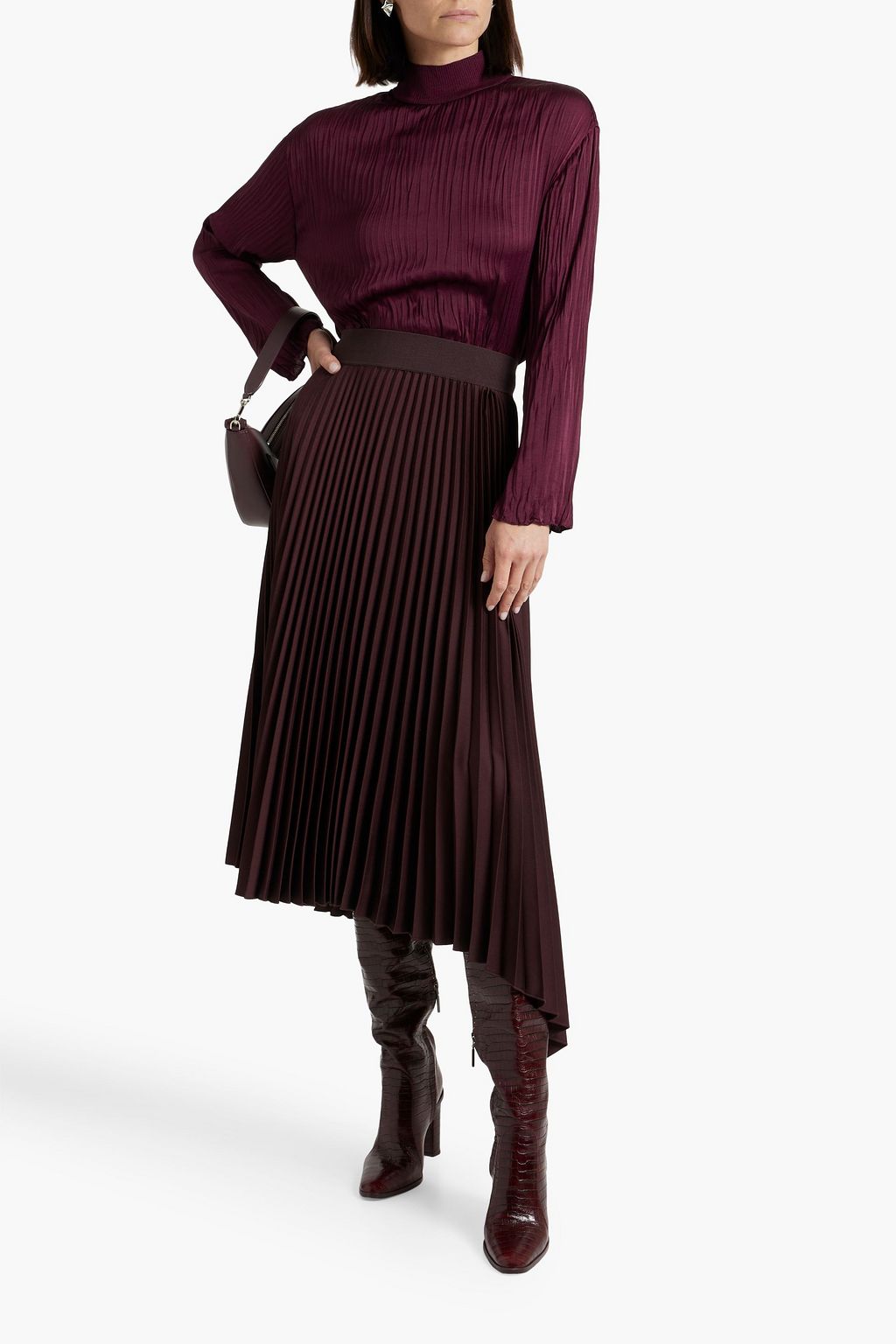 VINCE. Plissé-satin turtleneck top