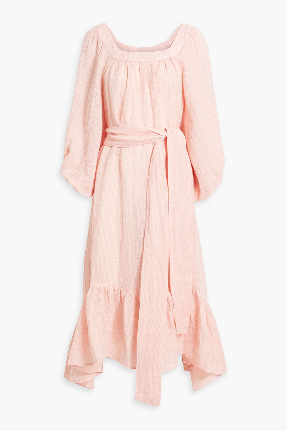 Lisa Marie Fernandez Laure Belted Linen-blend Gauze Midi Dress In Peach