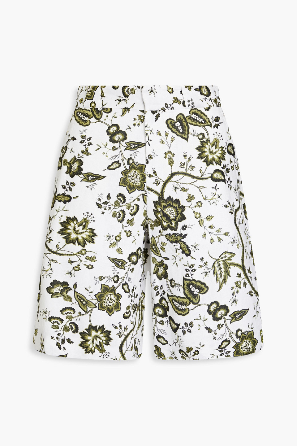 Erdem Miles Floral-print Linen Shorts In Army Green