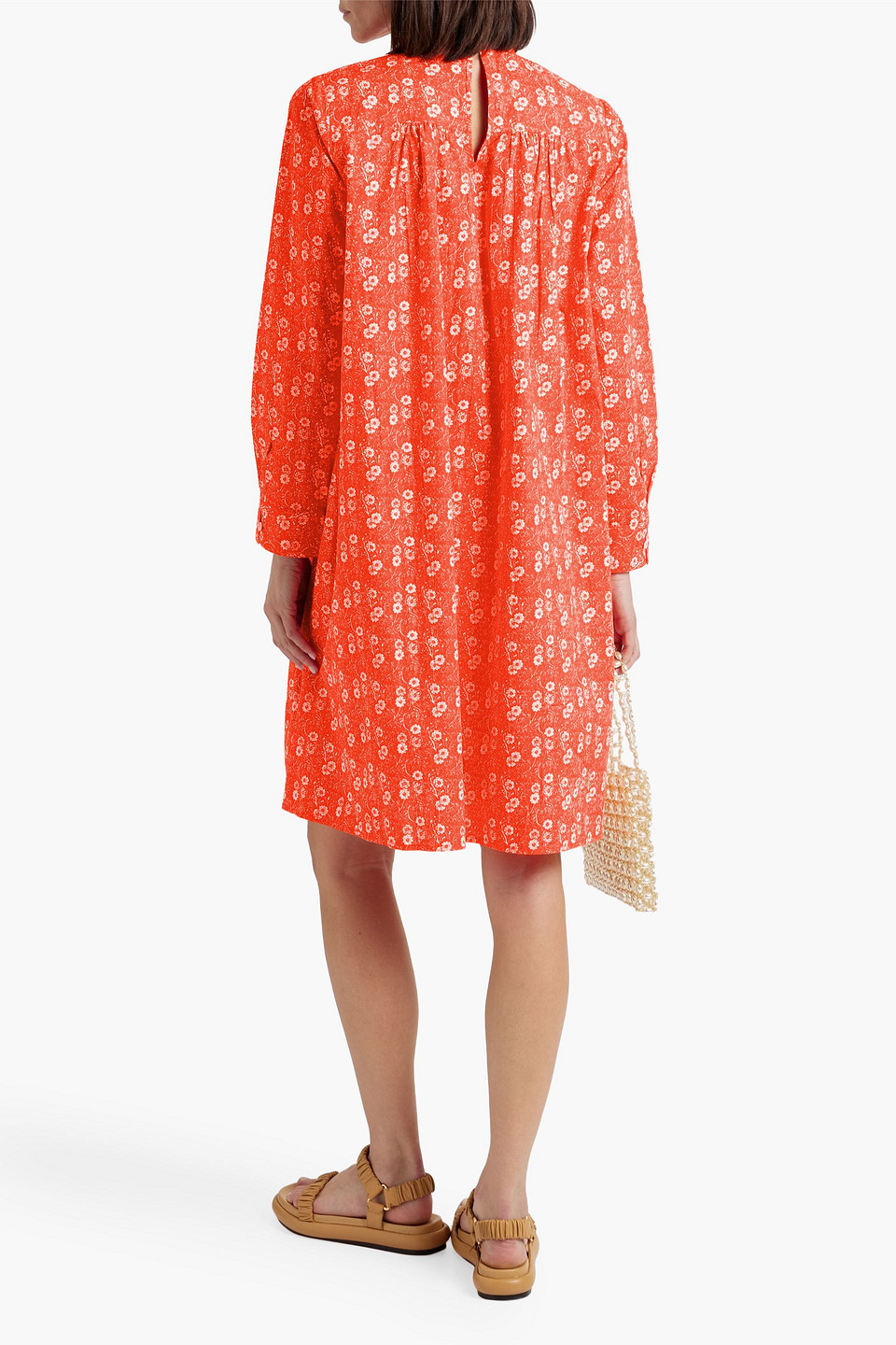 Shop Batsheva Pleated Floral-print Cotton-poplin Dress In Bright Orange