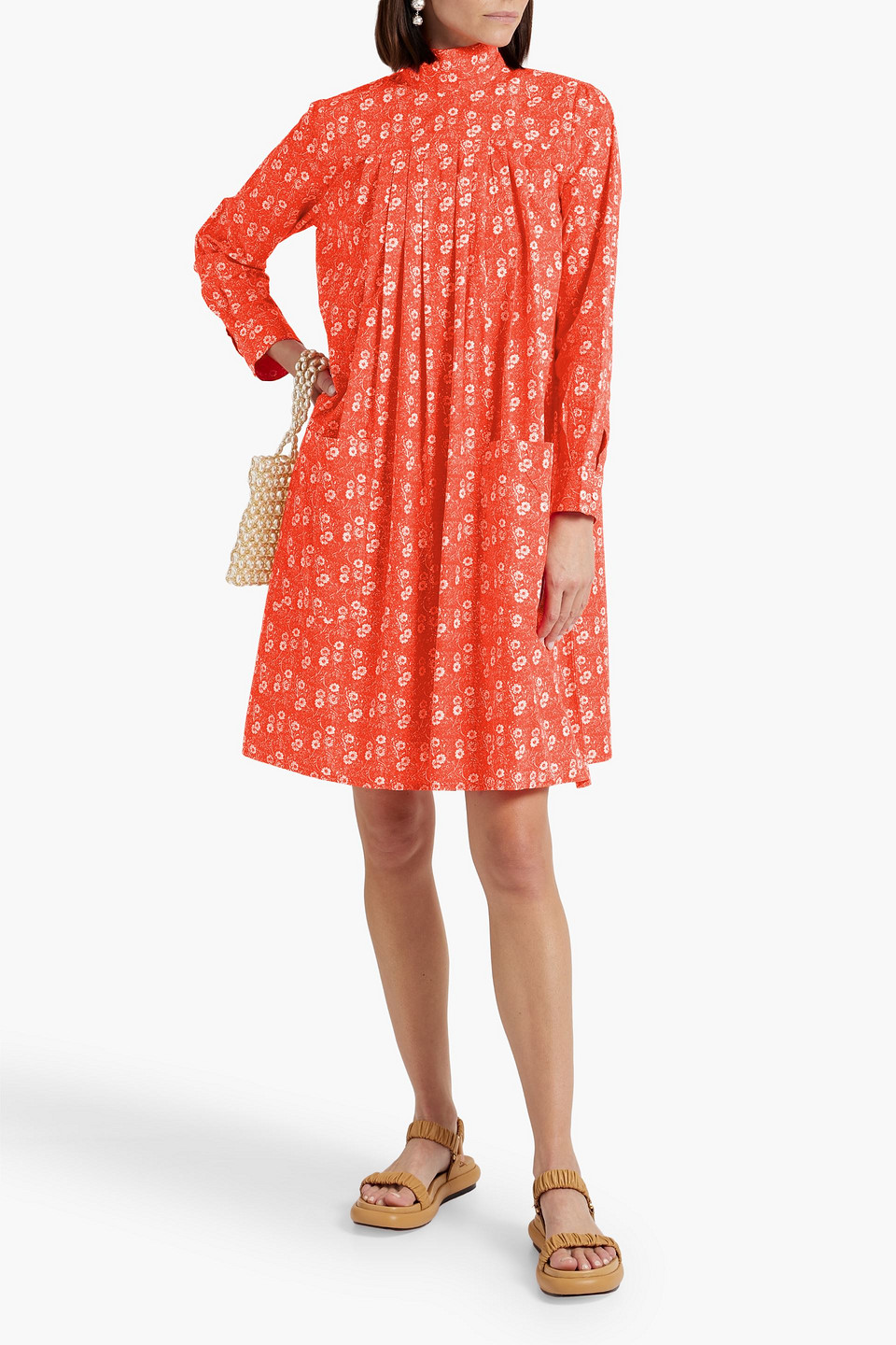 Shop Batsheva Pleated Floral-print Cotton-poplin Dress In Bright Orange