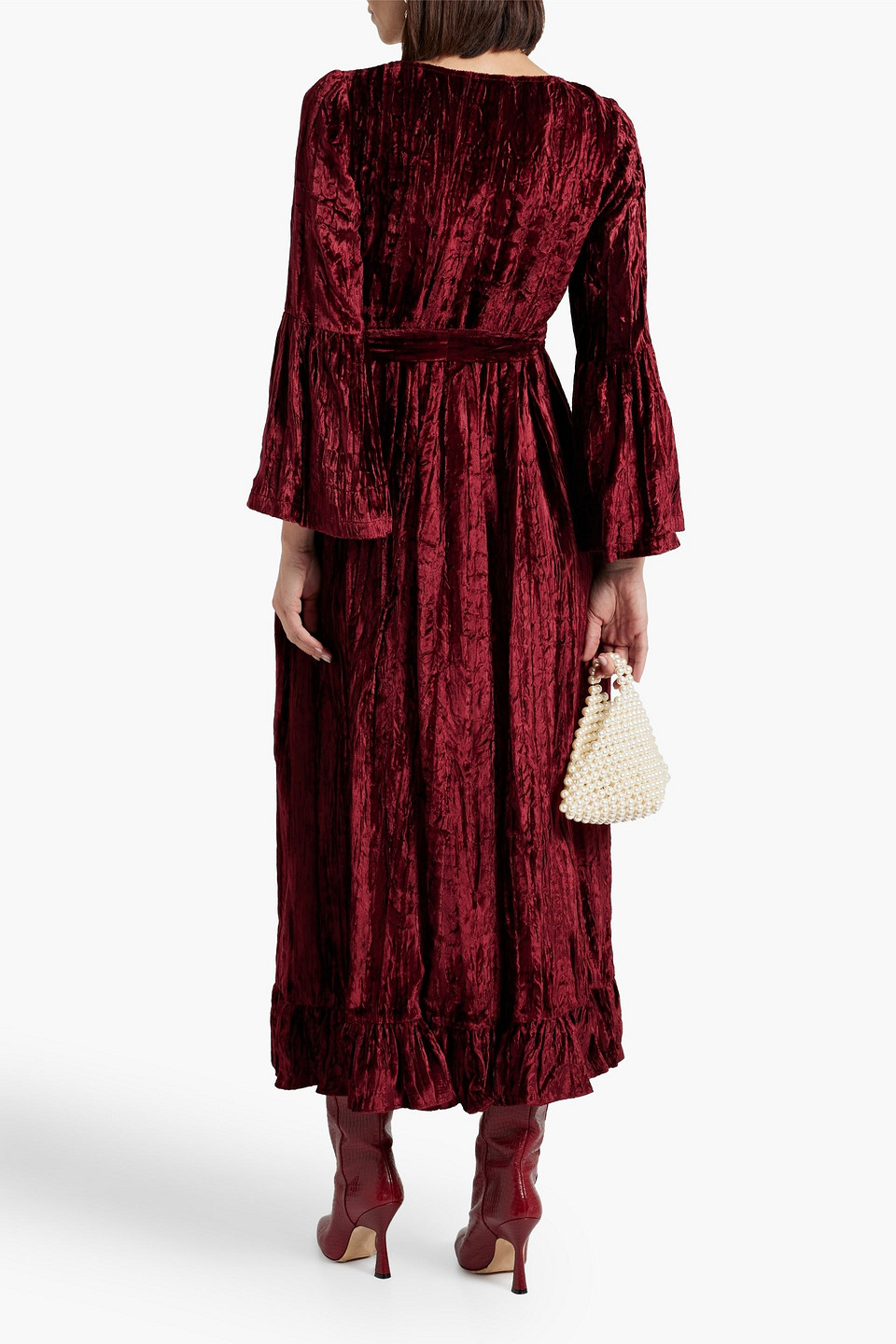 Shop Batsheva Avery Belted Crushed-velvet Midi Dress In Plum