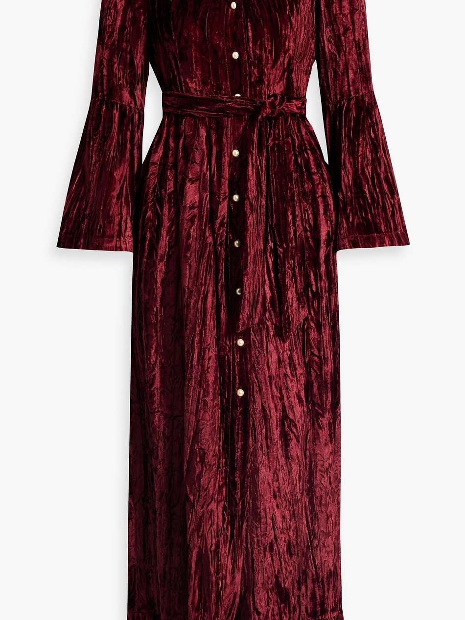 avery belted crushed-velvet midi dress