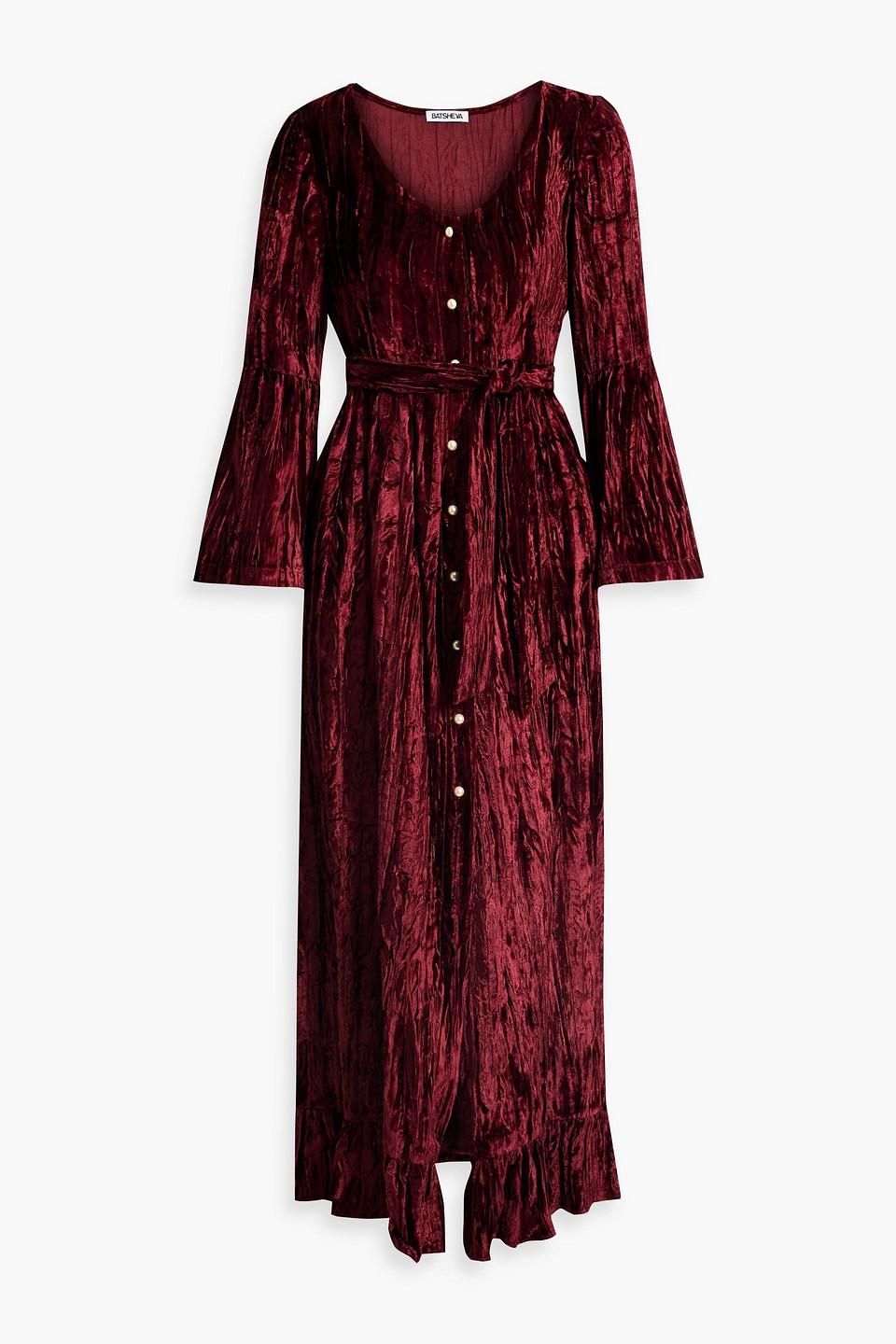 Batsheva Avery Belted Crushed-velvet Midi Dress In Plum