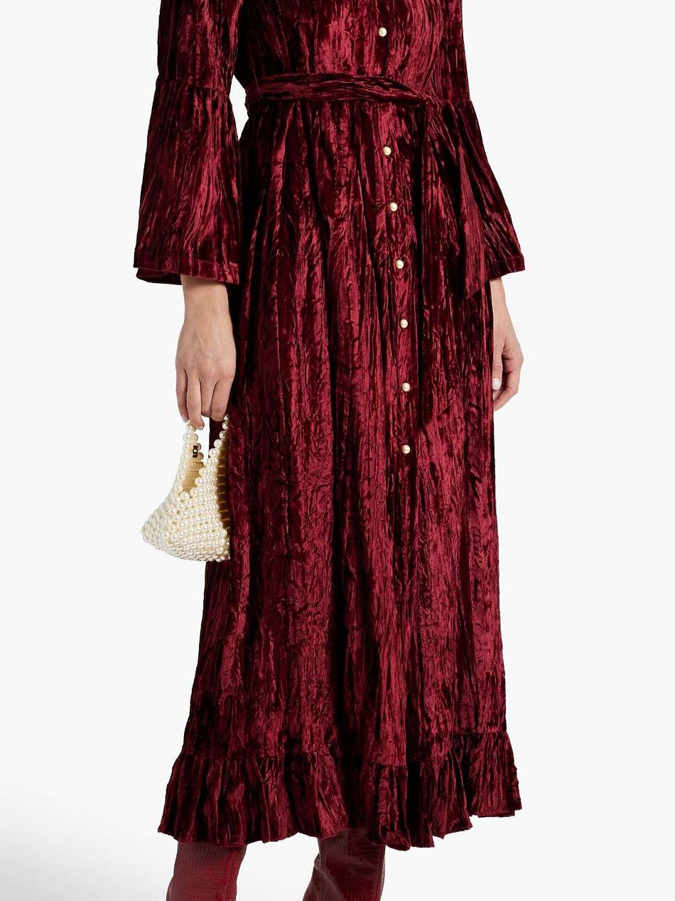 avery belted crushed-velvet midi dress
