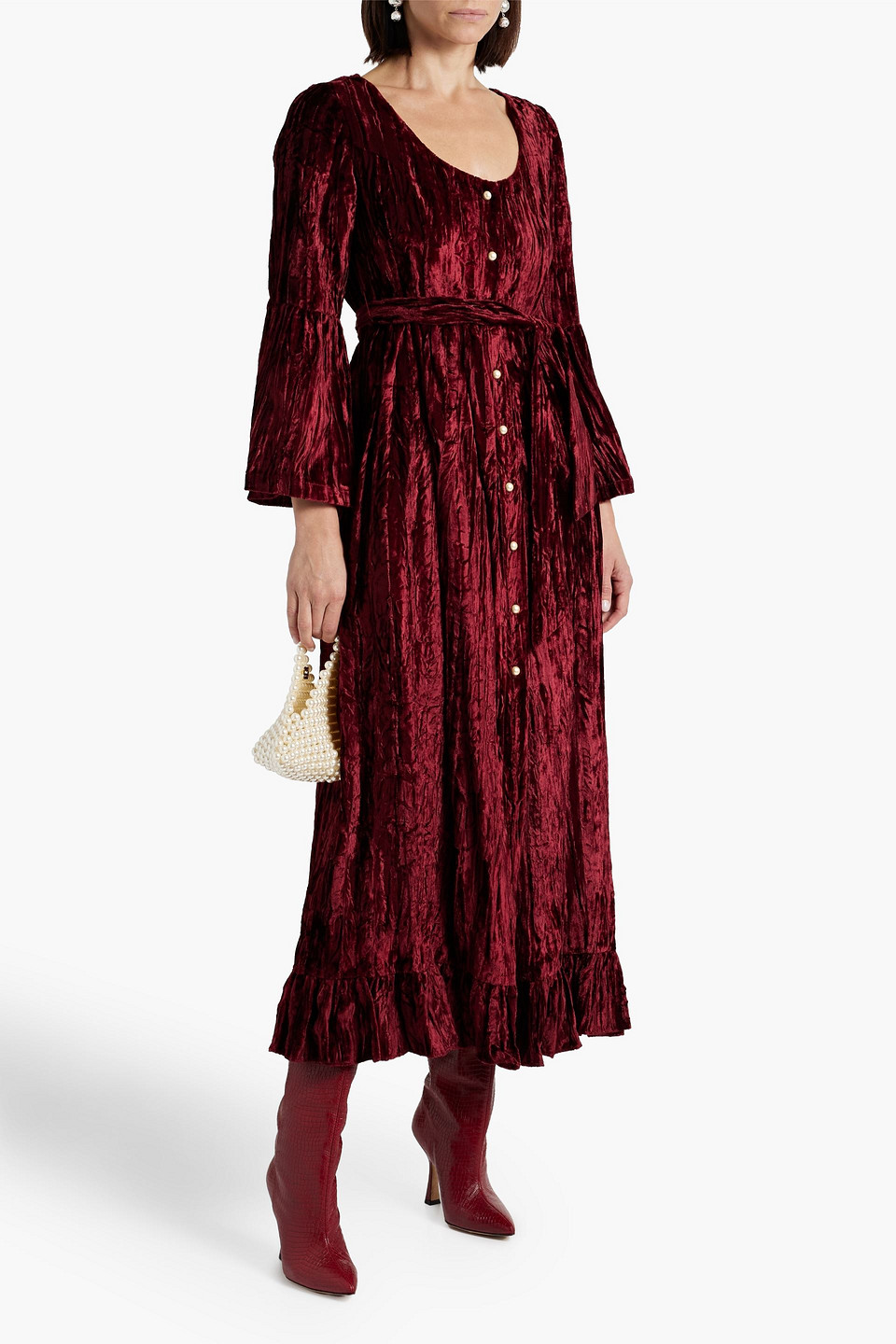 Shop Batsheva Avery Belted Crushed-velvet Midi Dress In Plum