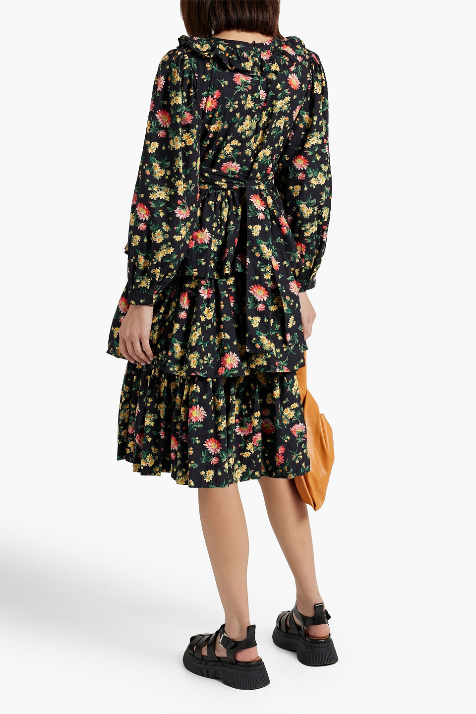 Shop Batsheva Welsh Tiered Floral-print Cotton-poplin Dress In Black