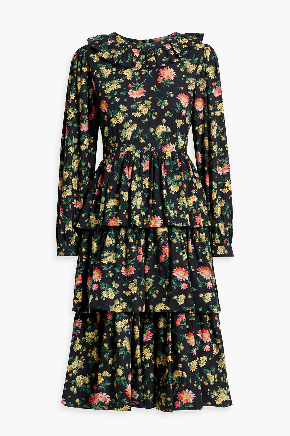 Batsheva Welsh Tiered Floral-print Cotton-poplin Dress In Black