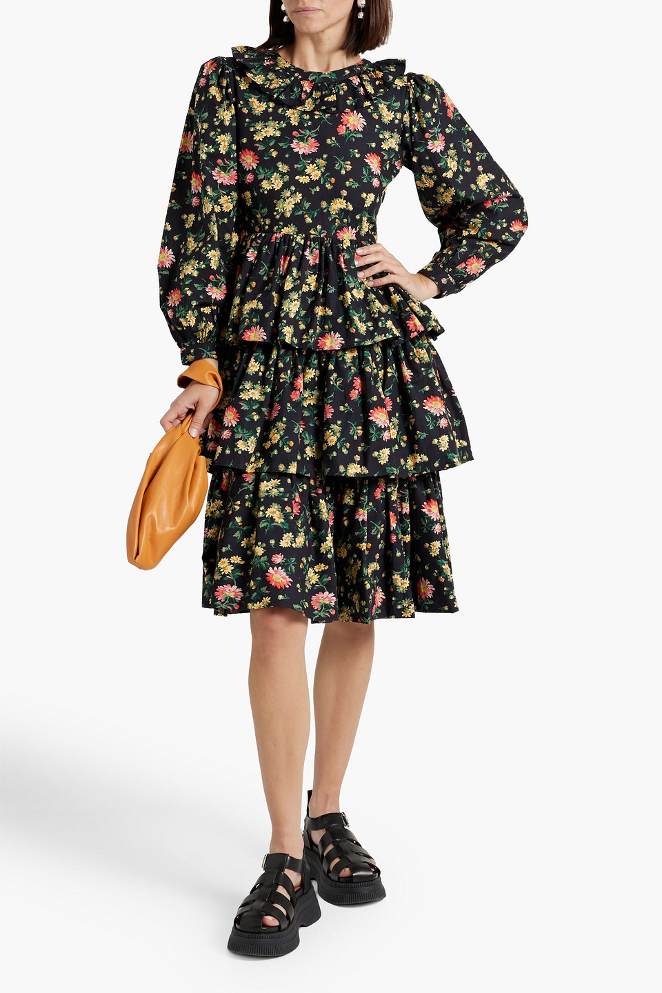 Shop Batsheva Welsh Tiered Floral-print Cotton-poplin Dress In Black