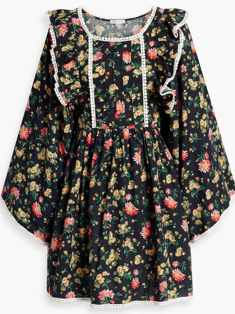 rhys crochet-trimmed floral-print cotton-poplin mini dress