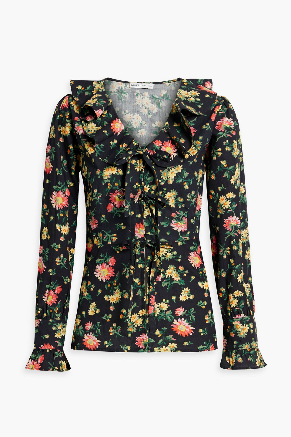 Batsheva Nia Ruffled Floral-print Cotton-poplin Top In Black