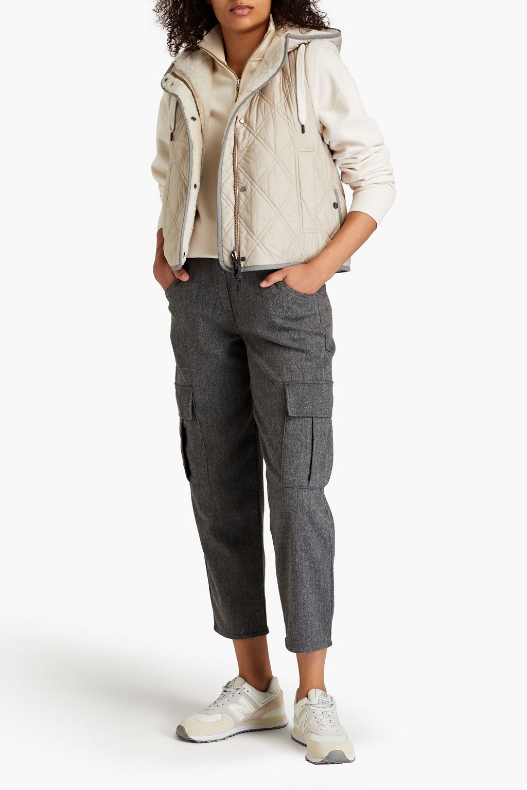 BRUNELLO CUCINELLI Weste aus gestepptem Shell mit Shearling-Futter und Kapuze