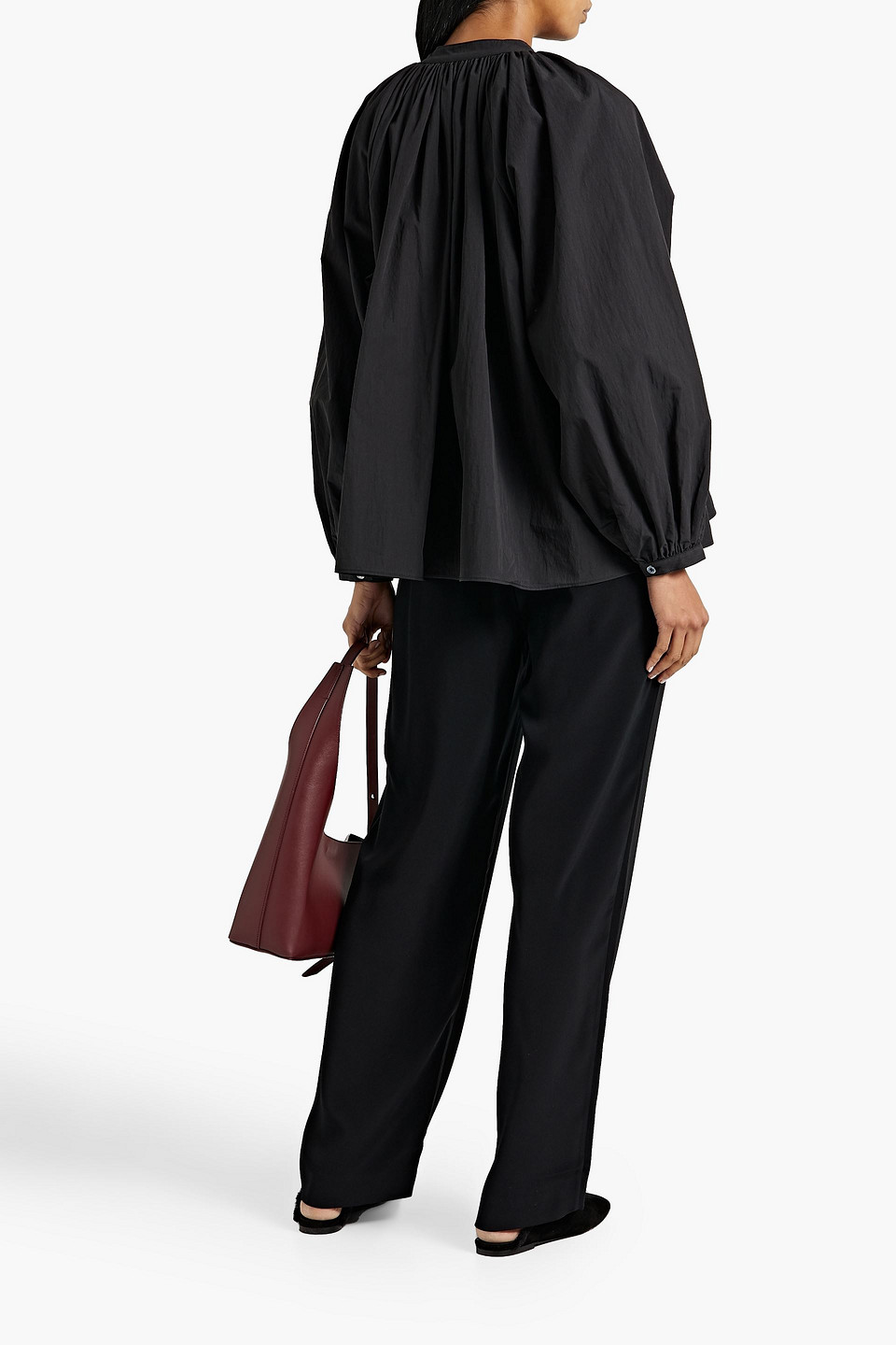 Shop Co Gathered Tton-blend Poplin Blouse In Black