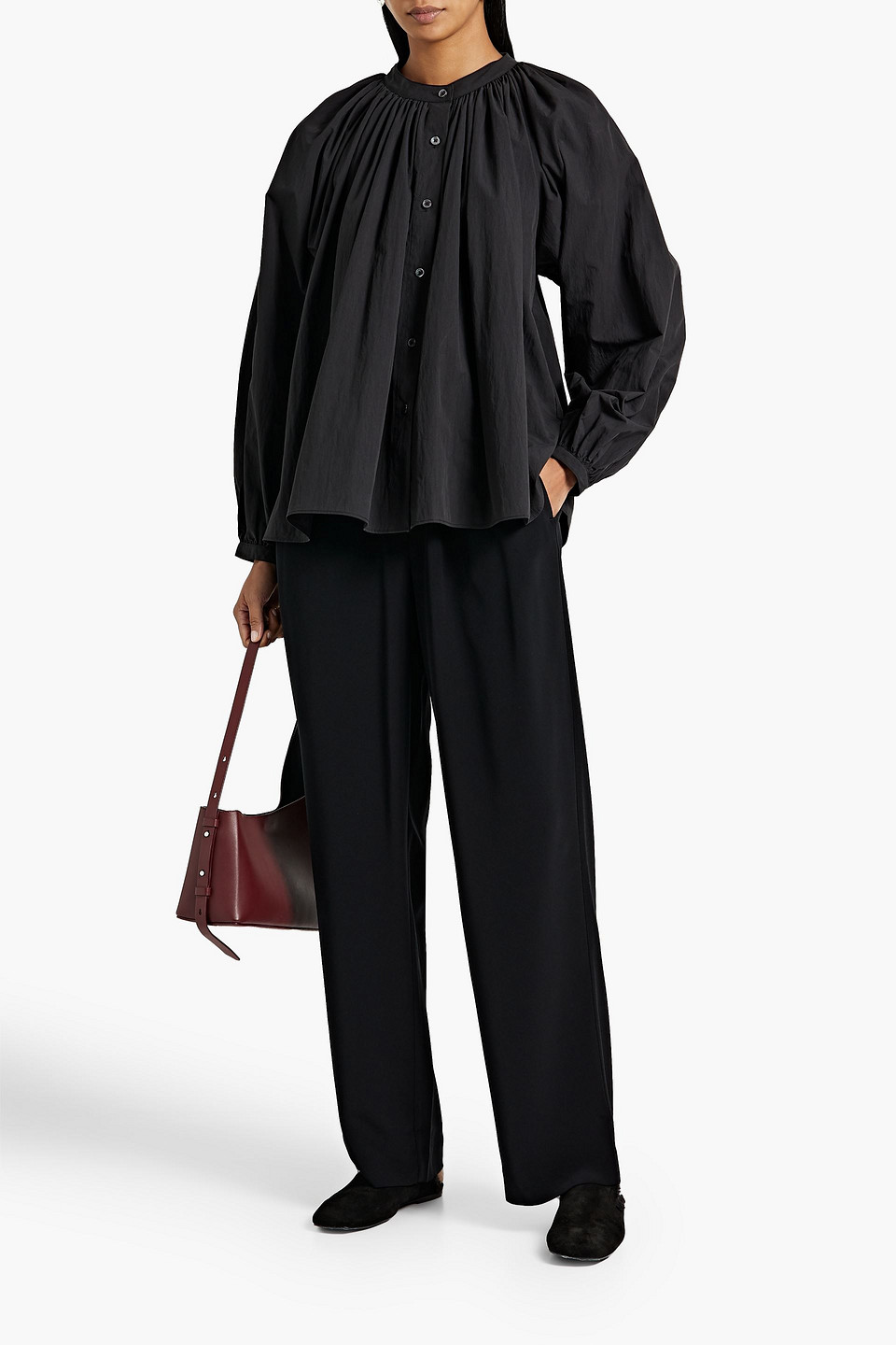 Shop Co Gathered Tton-blend Poplin Blouse In Black