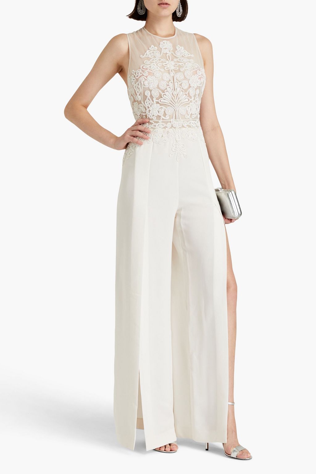 ZUHAIR MURAD Cutout embellished tulle and silk crepe de chine jumpsuit