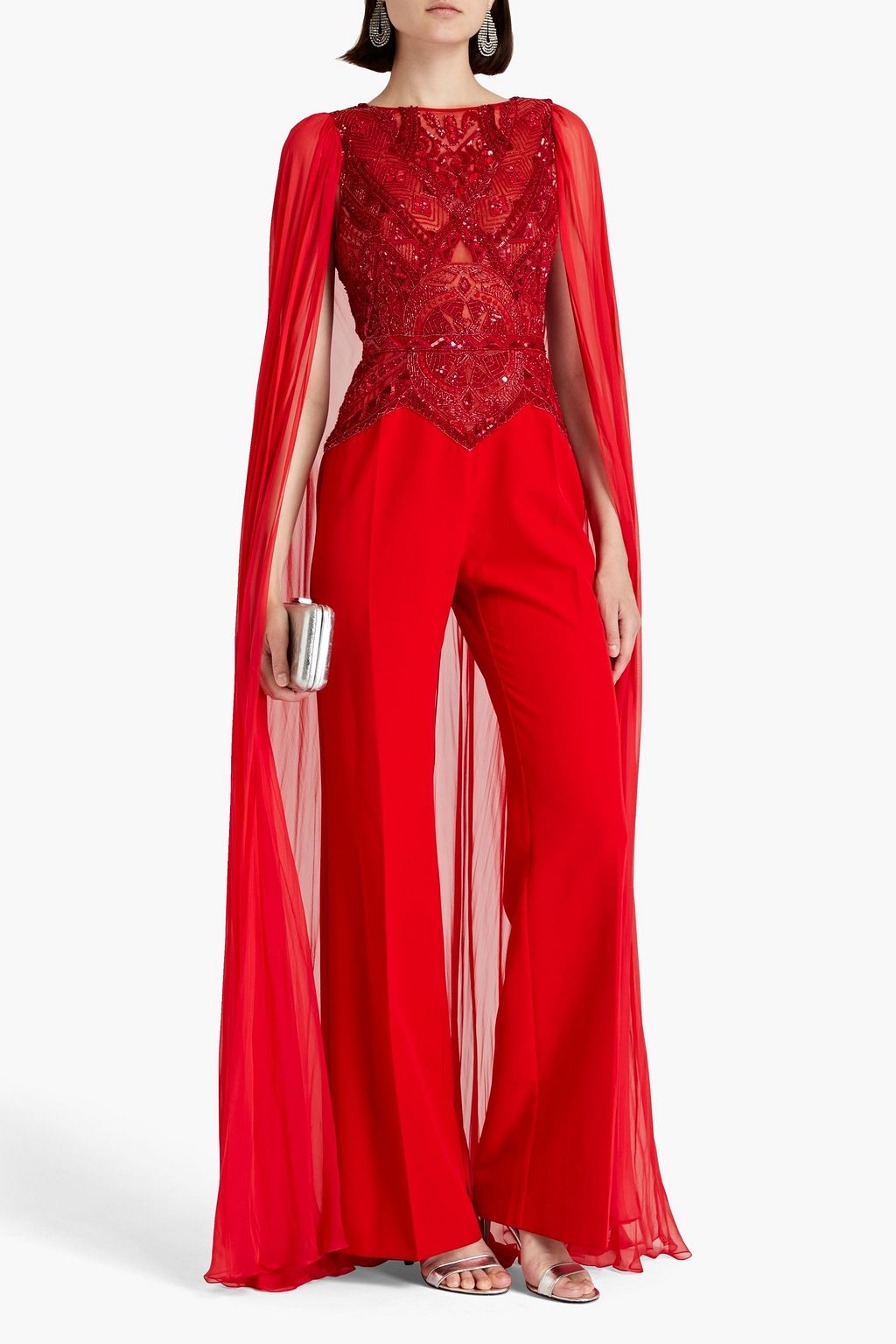 ZUHAIR MURAD 장식 & 드레이프 디테일 튤 패널 크레이프 점프수트