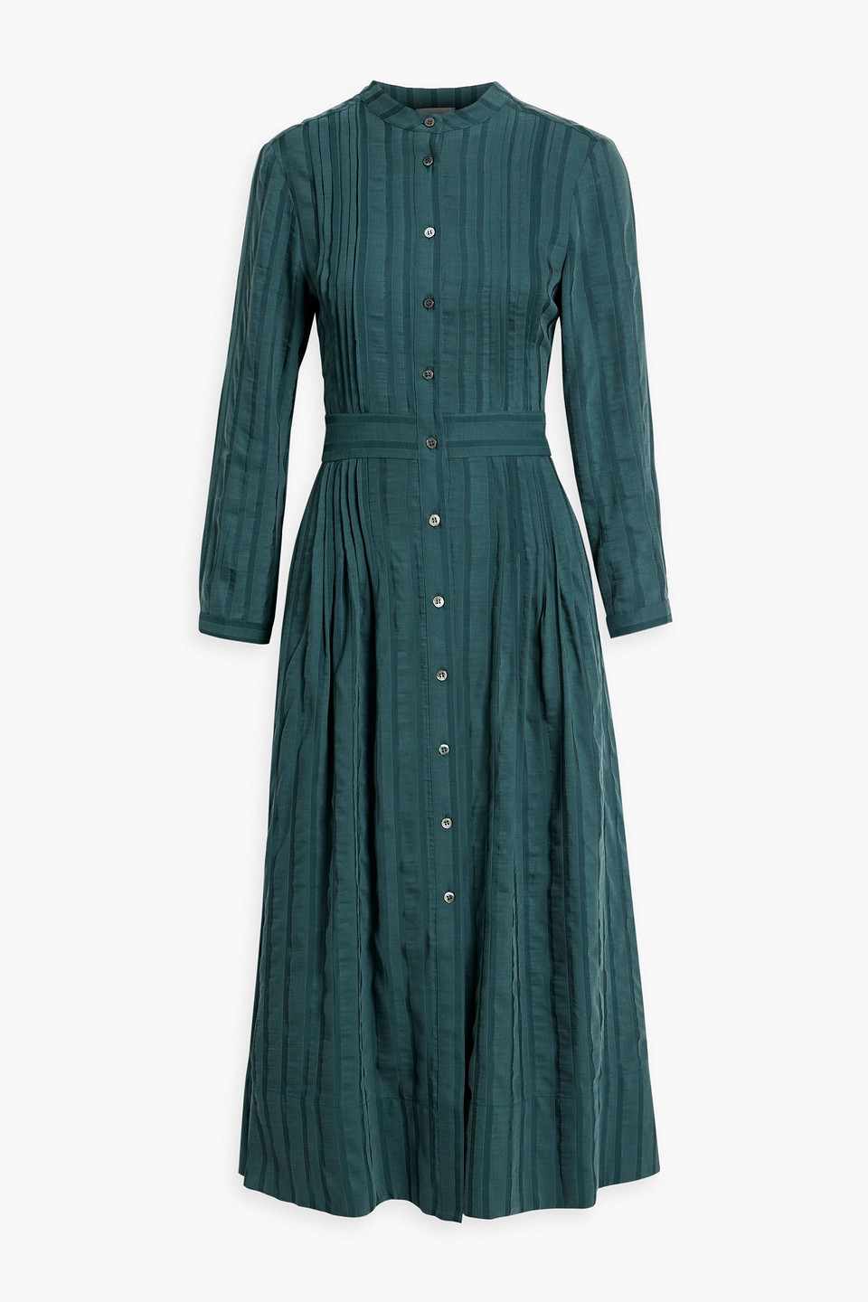 Iris & Ink Georgina Pintucked Striped Lyocell-blend Jacquard Midi Shirt Dress In Forest Green