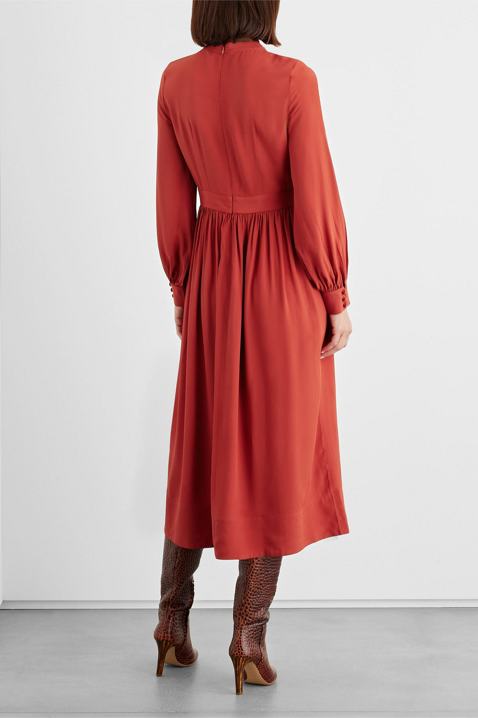 Shop Iris & Ink Gathered Crepe Midi Dress In Brick