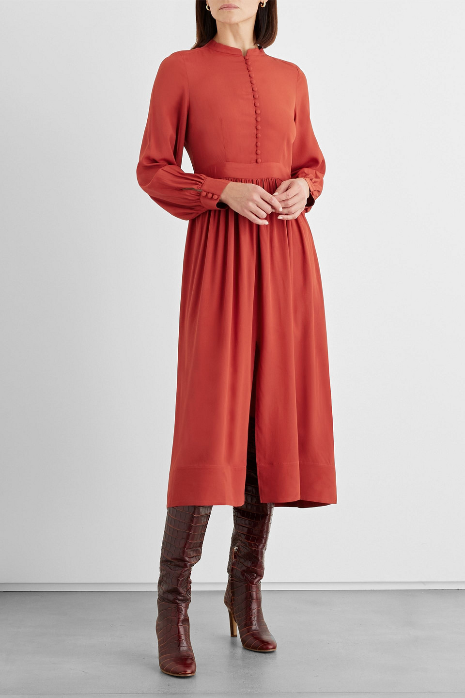 Shop Iris & Ink Gathered Crepe Midi Dress In Brick