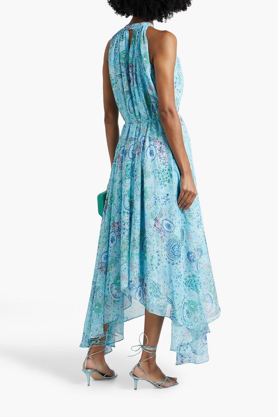 Shop Saloni Irina Belted Printed Silk-georgette Maxi Dress In Turquoise