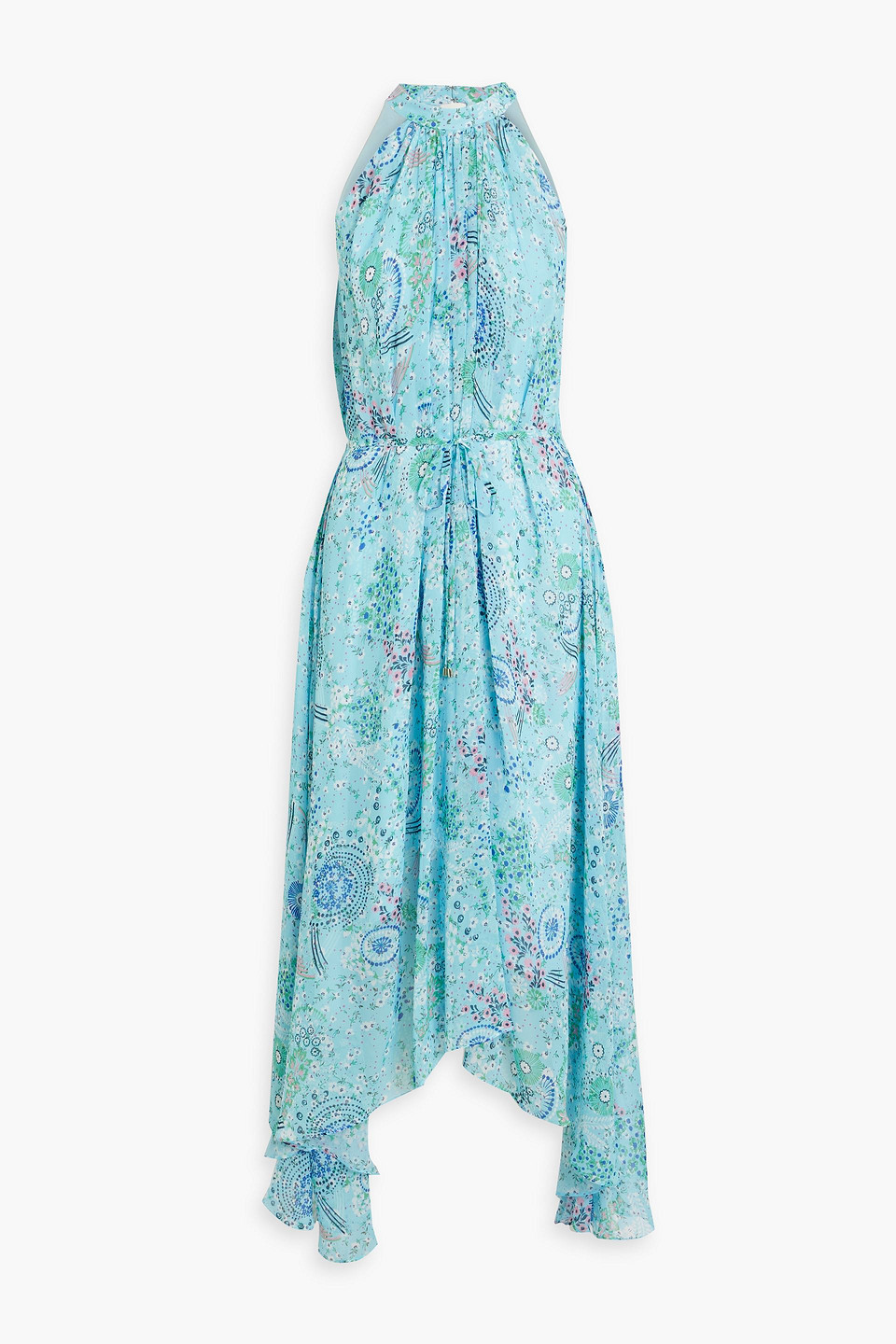 Saloni Irina Belted Printed Silk-georgette Maxi Dress In Turquoise