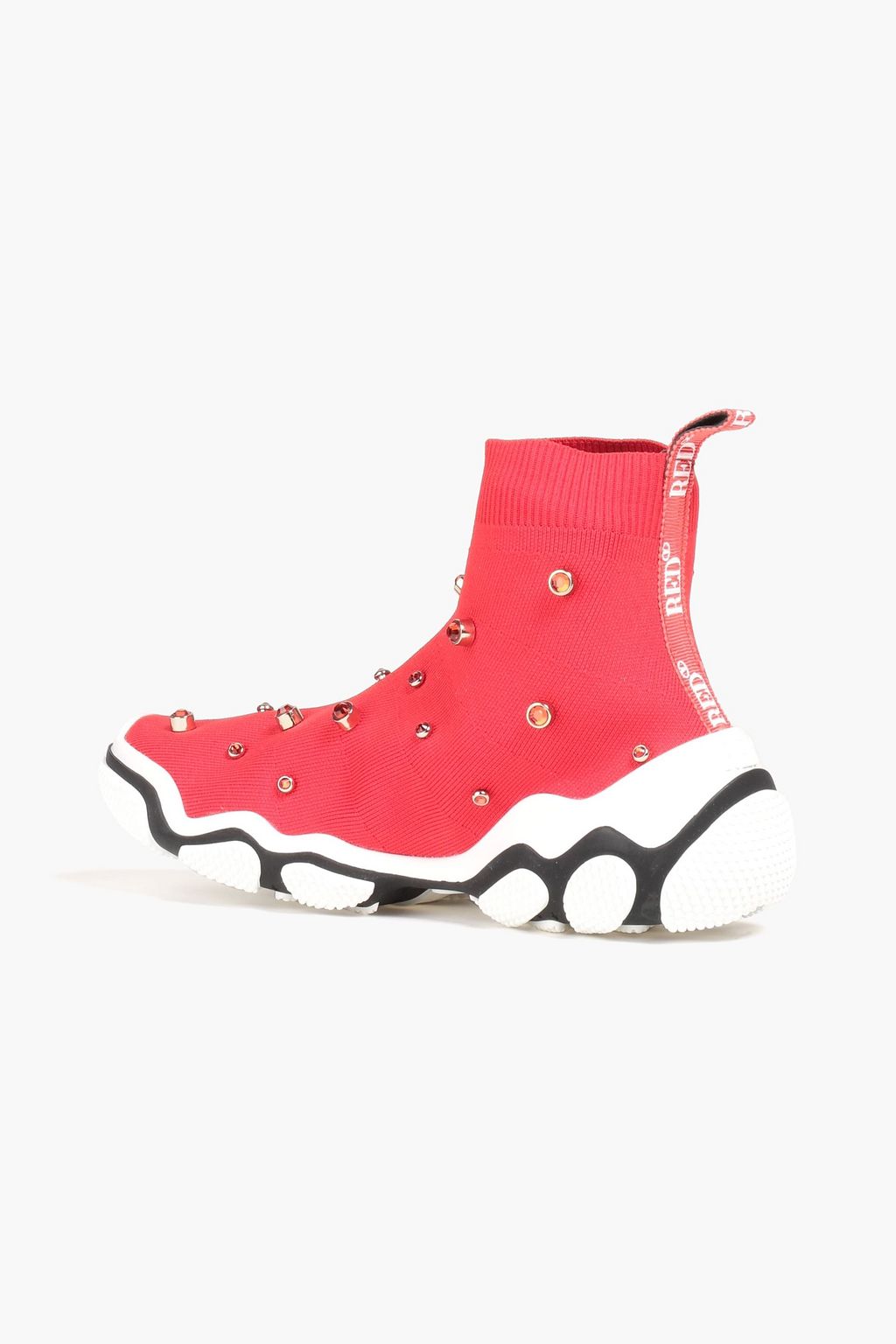 RED(V) حذاء سنيكرز بطول فوق الكاحل من نسيج مطاط محبوك مزين بالكريستال