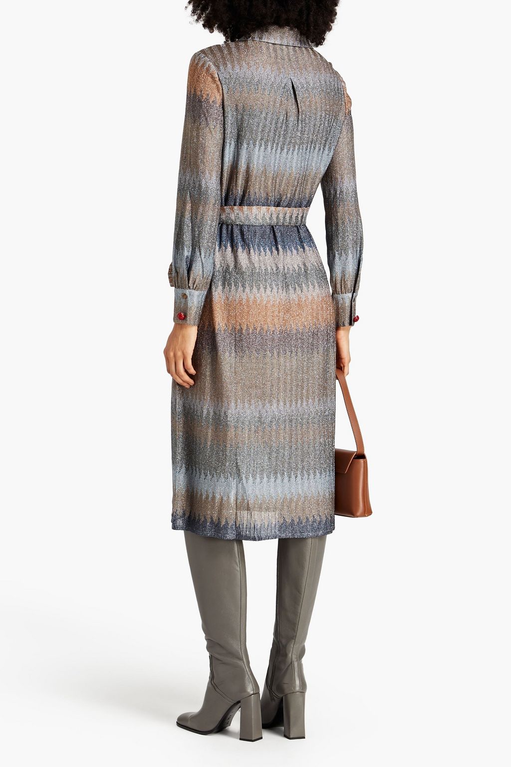 MISSONI Belted metallic crochet-knit midi shirt dress
