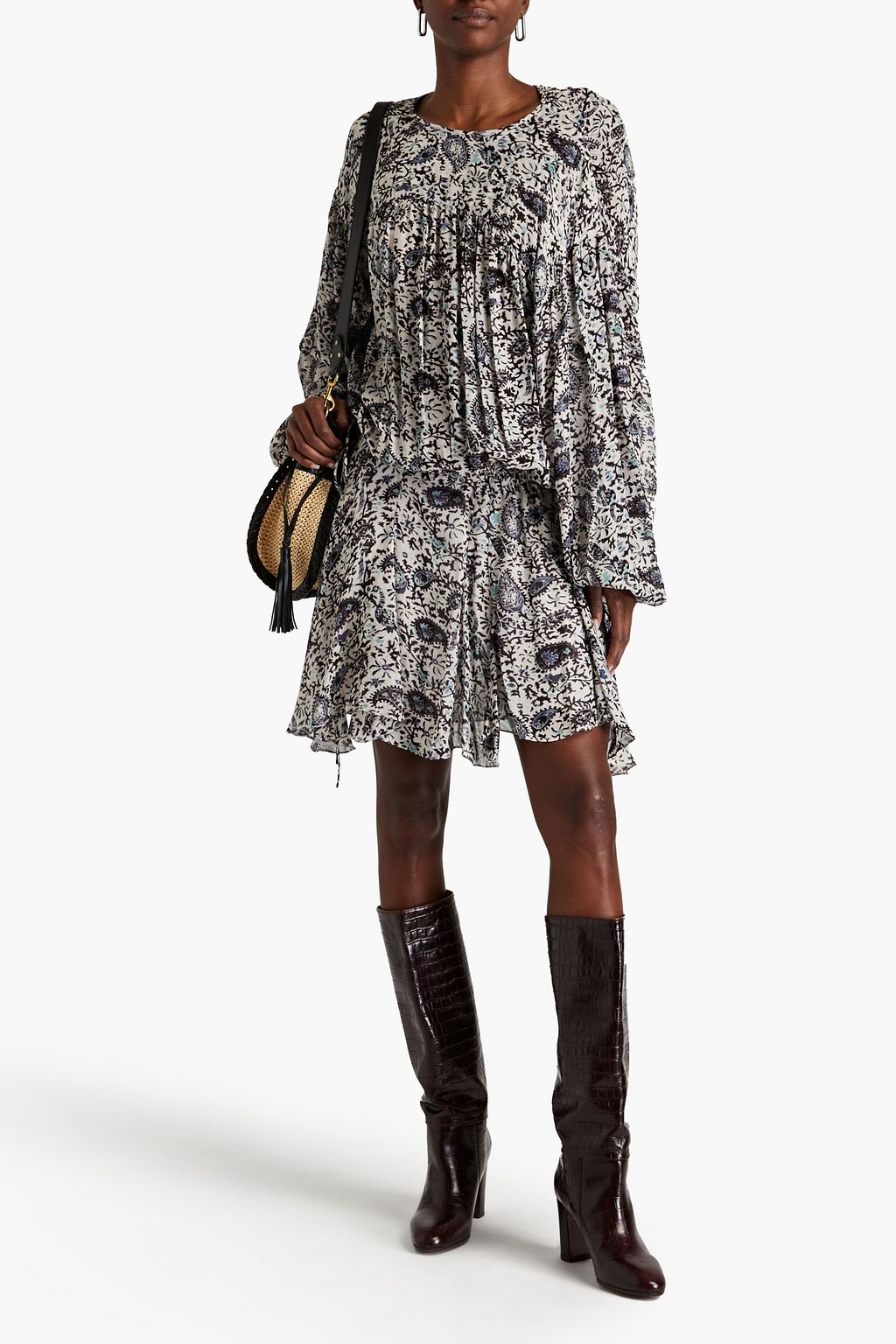 MARANT ÉTOILE シフォン ミニワンピース アシンメトリー ギャザー入り フローラルプリント
