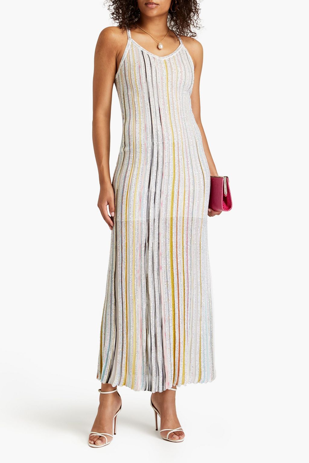 MISSONI فستان طويل مخطط بأقراص برّاقة ومحبوك بنمط كروشيه