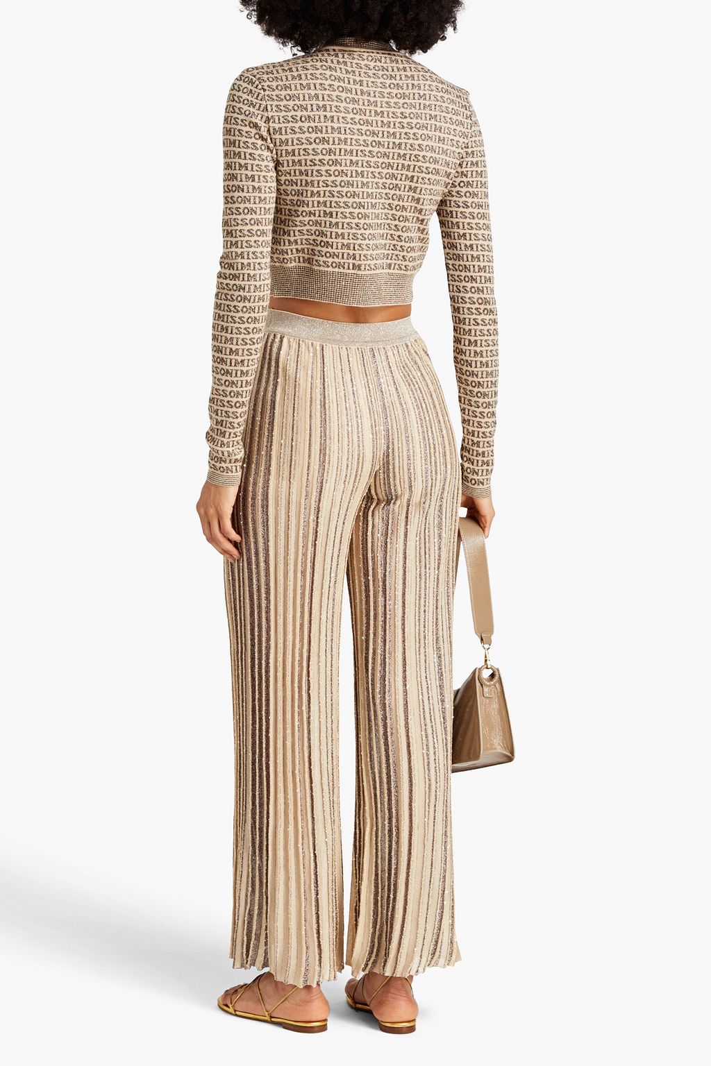 MISSONI Embellished pleated metallic stretch-knit wide-leg pants
