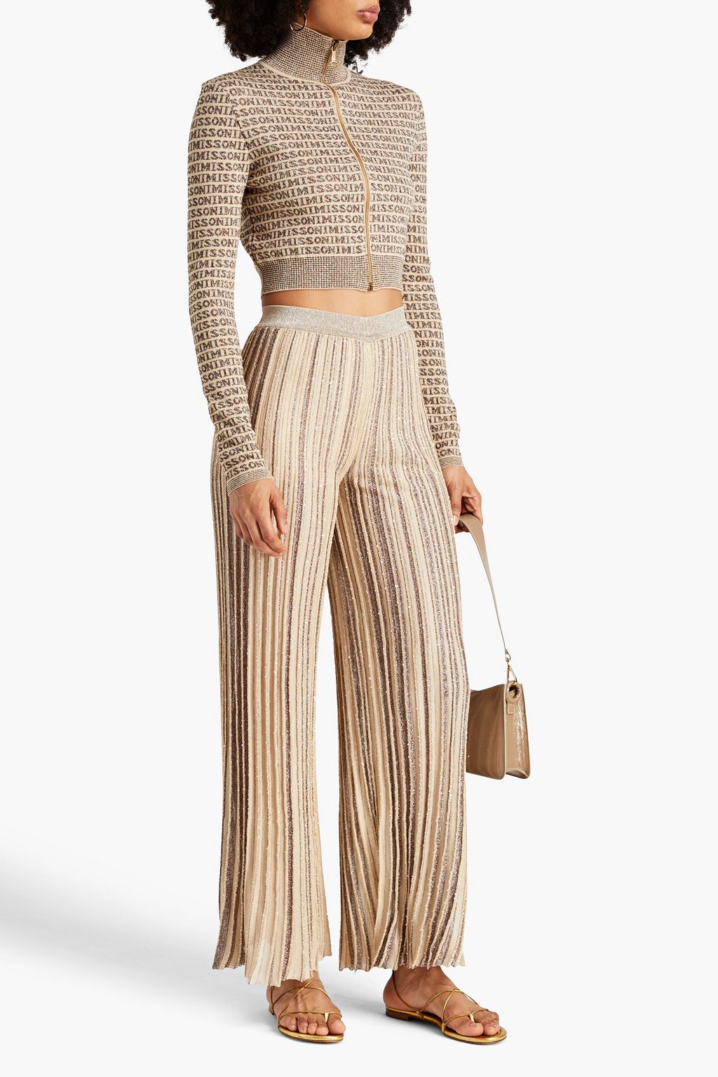 MISSONI Embellished pleated metallic stretch-knit wide-leg pants