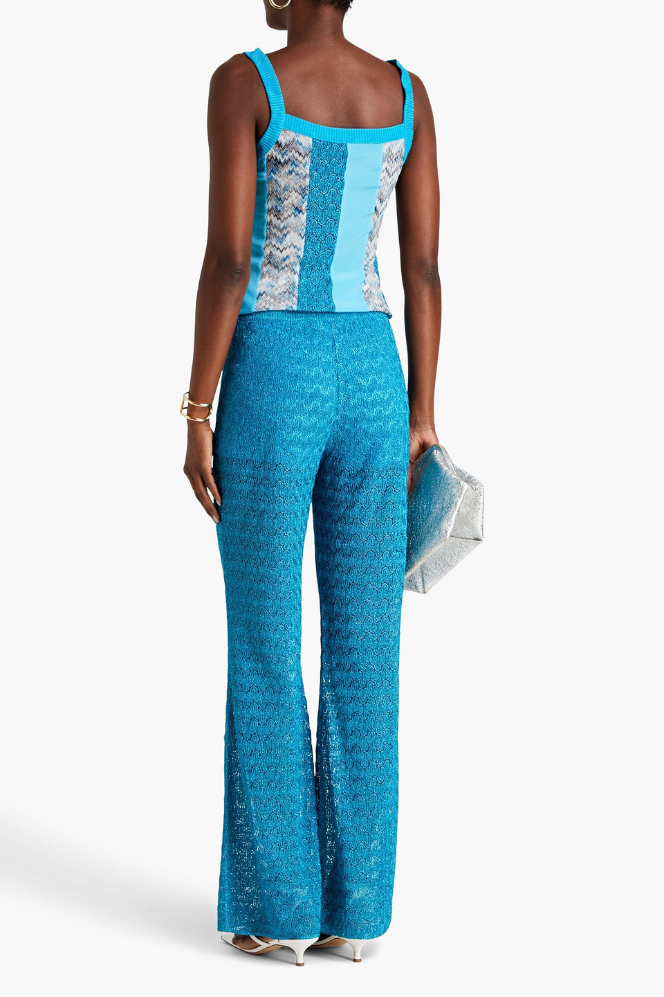 Missoni Silk Crepe De Chine And Metallic Crochet-knit Tank In Azure