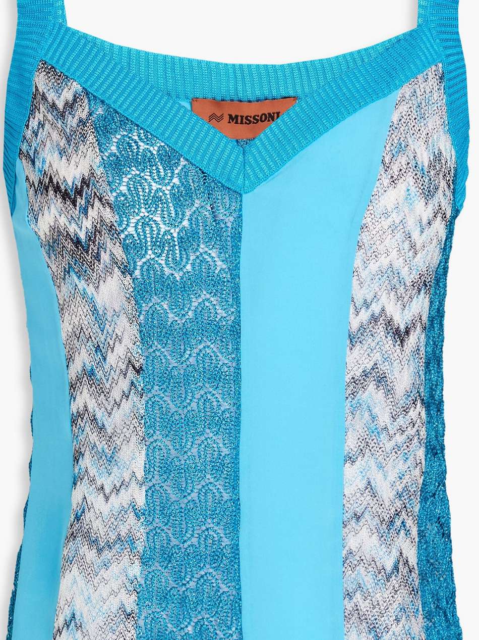 silk crepe de chine and metallic crochet-knit tank