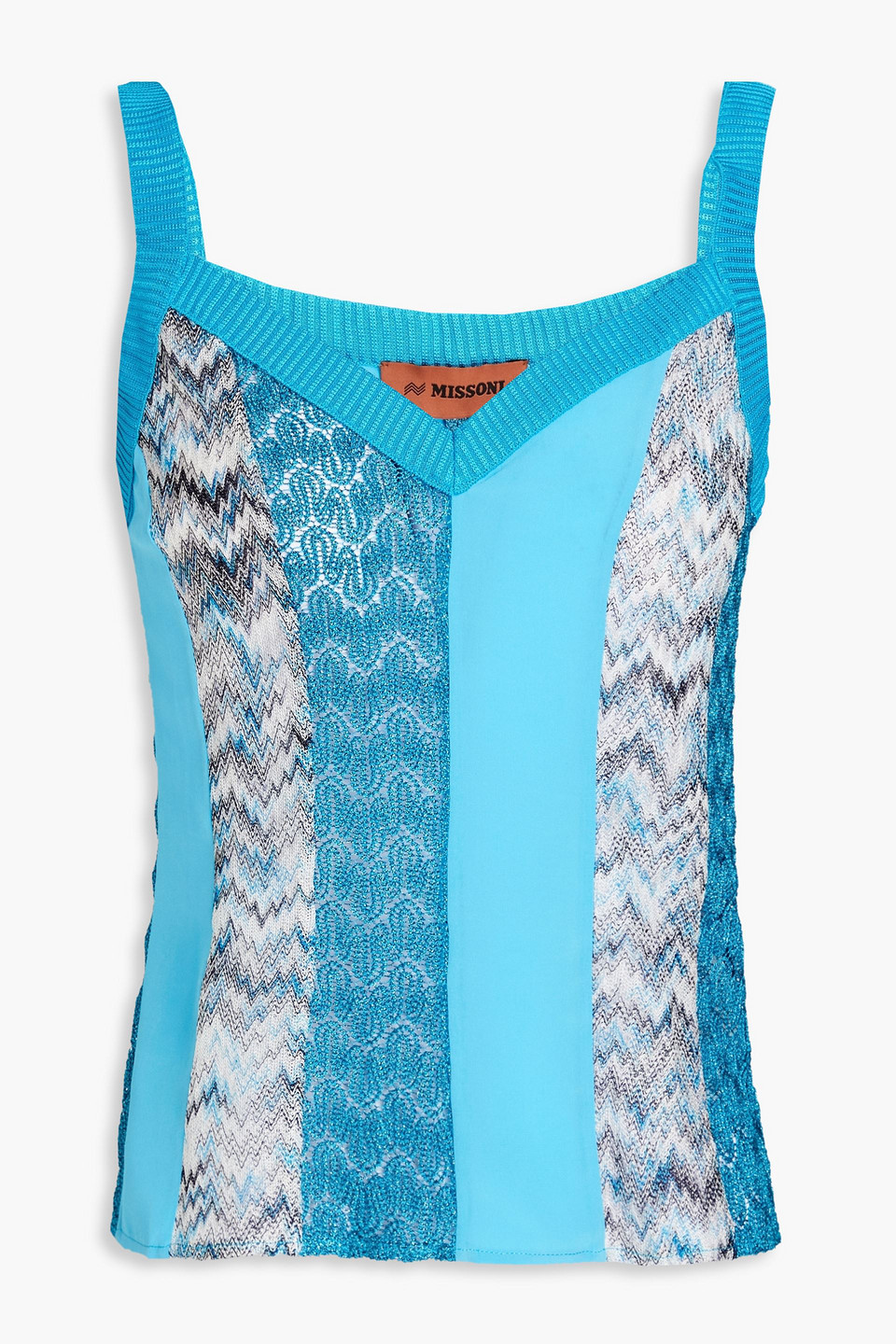 Missoni Silk Crepe De Chine And Metallic Crochet-knit Tank In Azure