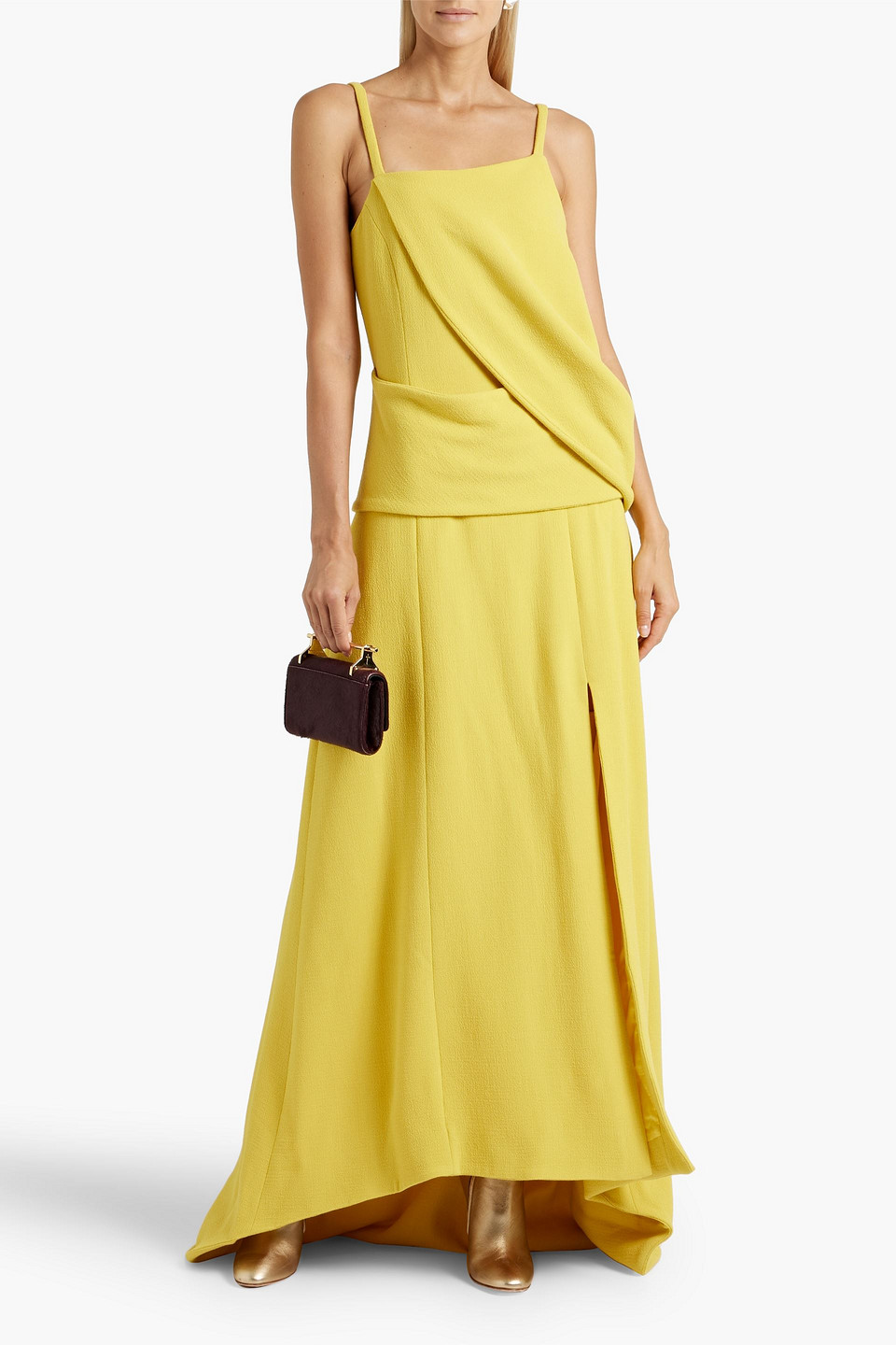 Shop Bite Studios Page Wrap-effect Wool-blend Crepe Gown In Yellow