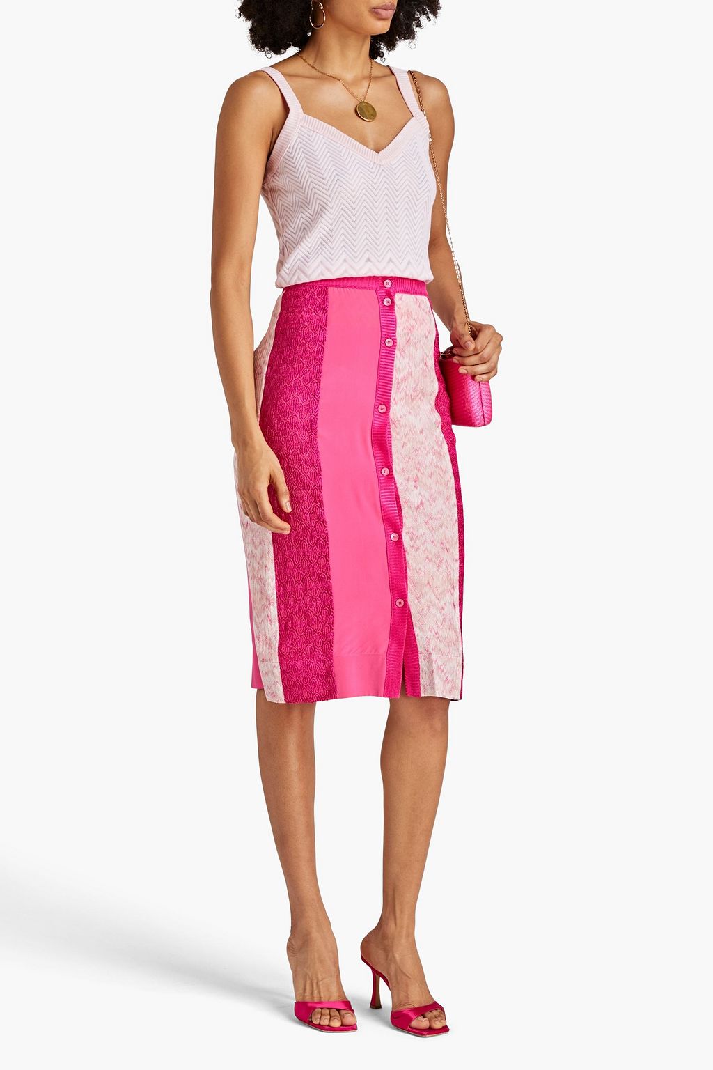 MISSONI Paneled metallic crochet-knit pencil skirt