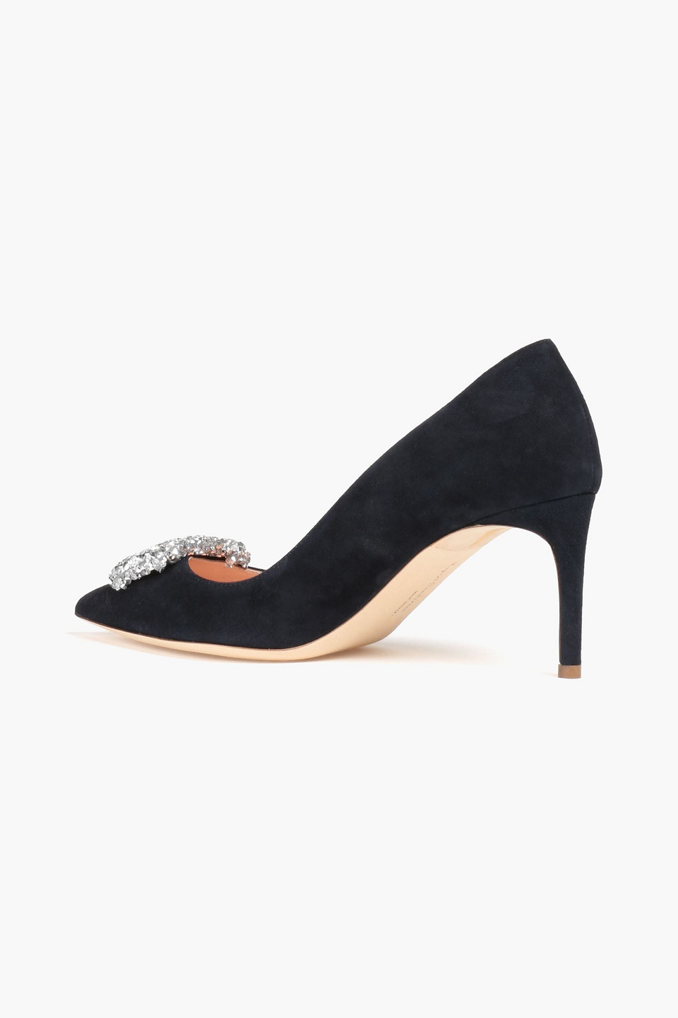 Shop Rupert Sanderson Malory Crystal-embellished Suede Pumps In Midnight Blue