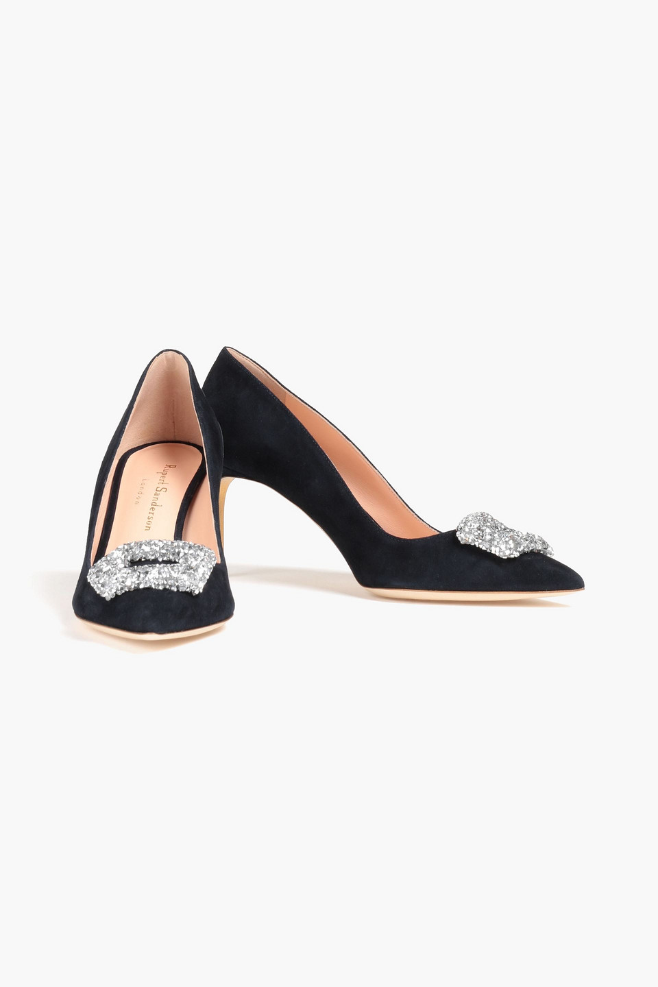 Shop Rupert Sanderson Malory Crystal-embellished Suede Pumps In Midnight Blue