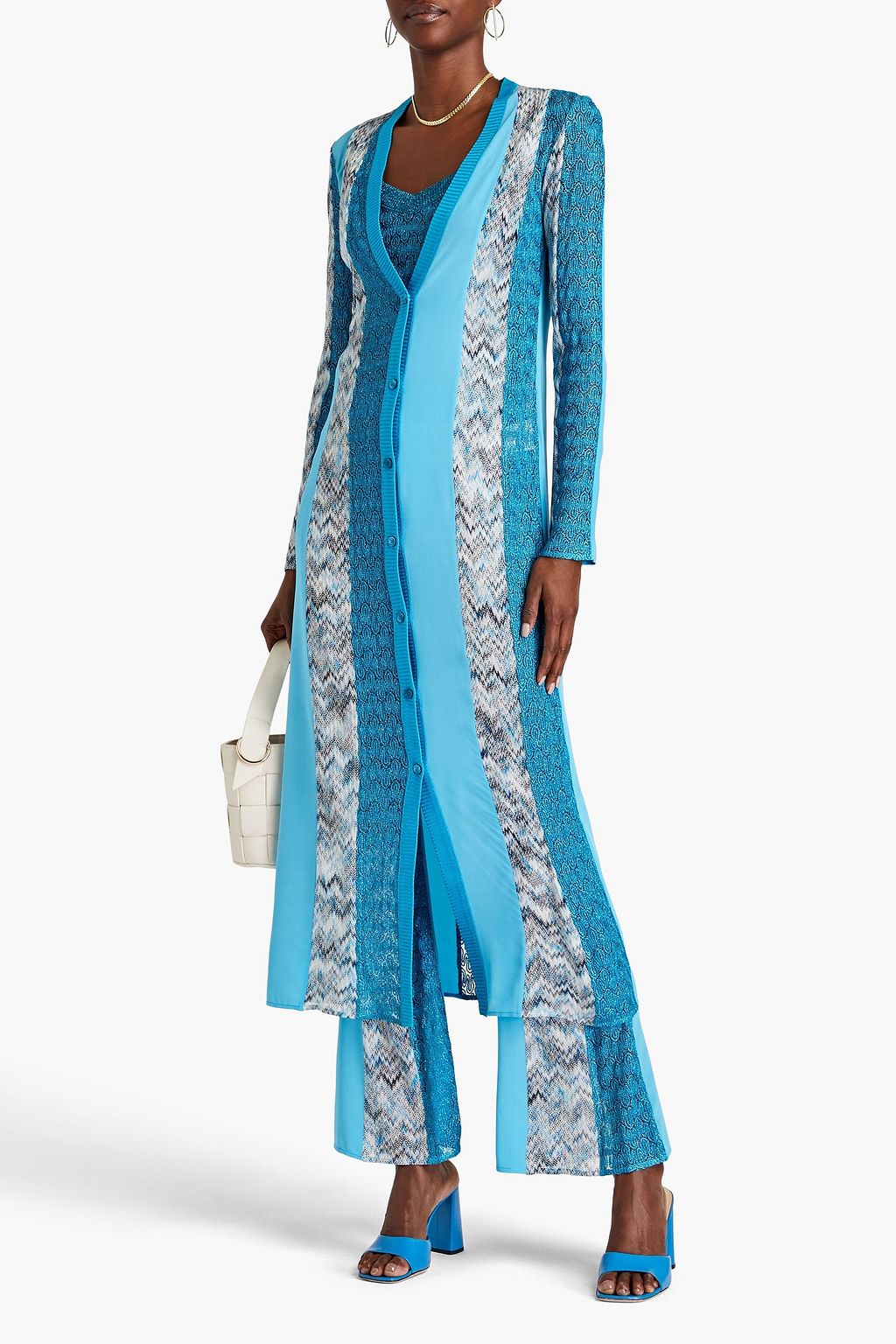 MISSONI كارديغان محبوك بقِطع محاكة بجانب بعضها البعض من نسيج الحرير كريب دو شين بلون معدني