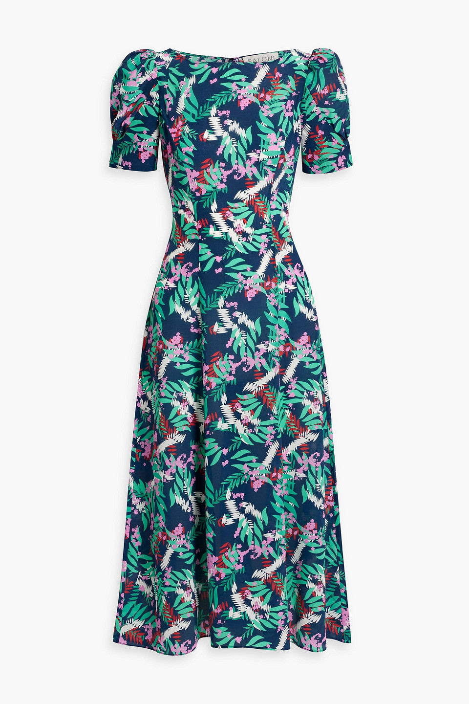 Saloni Eva Floral-print Silk Crepe De Chine Midi Dress In Jade