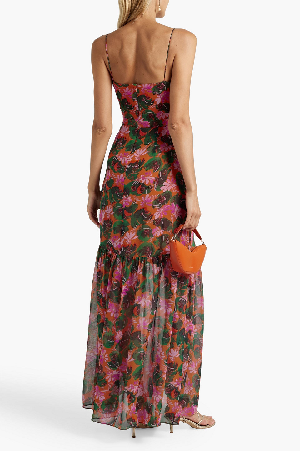 Shop Saloni Ani Ruffled Printed Silk-chiffon Maxi Dress In Orange