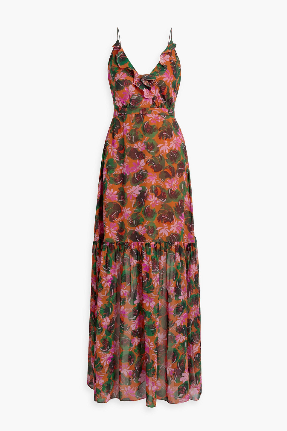 Saloni Ani Ruffled Printed Silk-crepe Maxi Dress In Orange