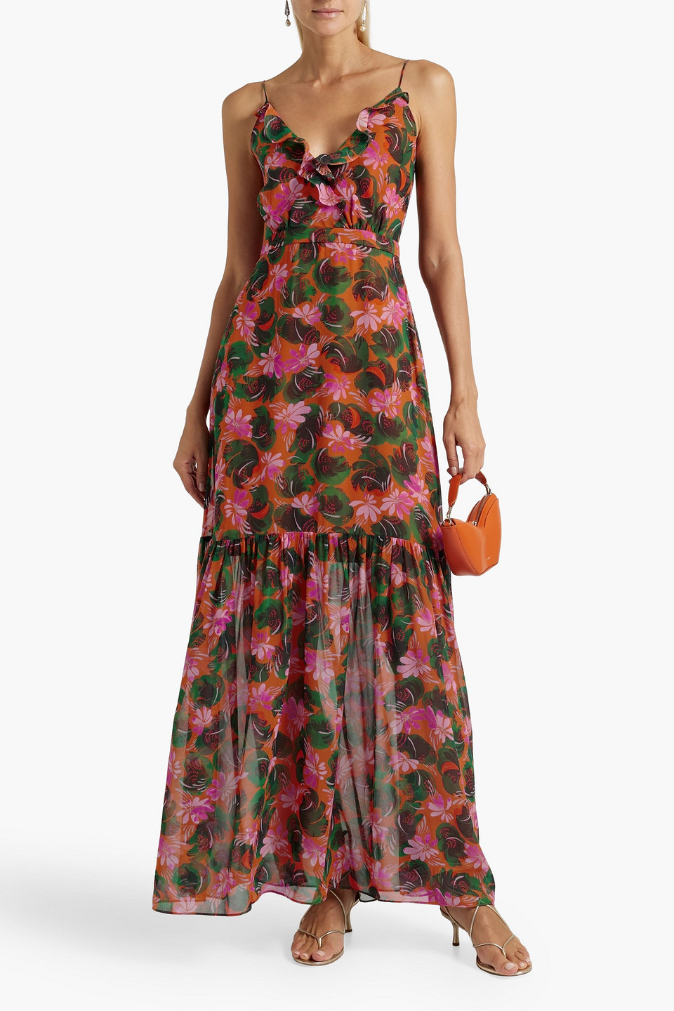 Shop Saloni Ani Ruffled Printed Silk-chiffon Maxi Dress In Orange