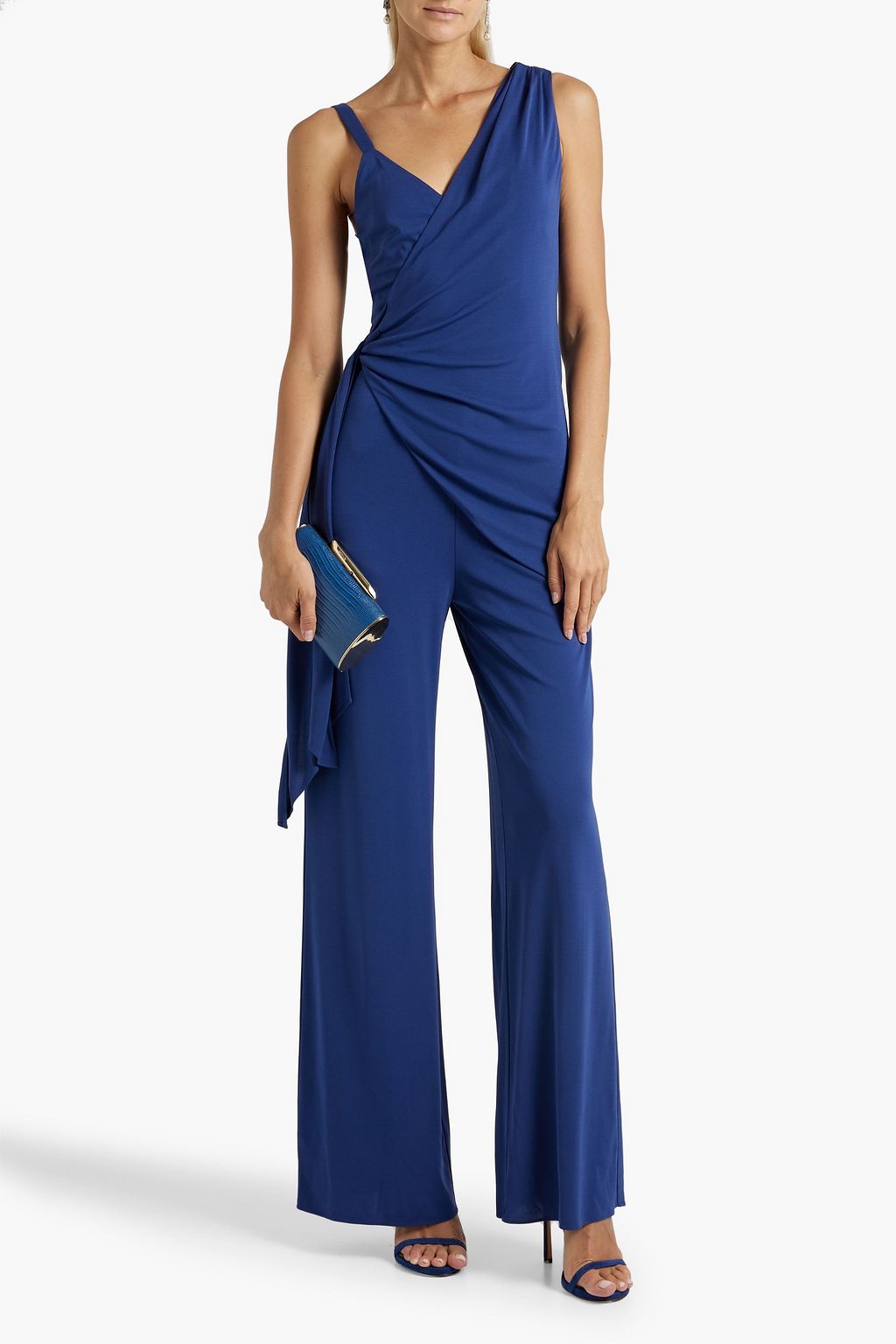 HALSTON جمبسوت «زاريا» من جيرسي مطاط بتصميم درابيه بأرجل واسعة