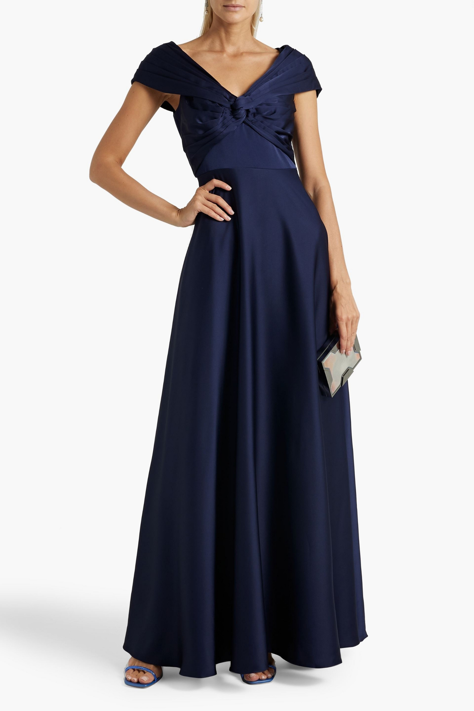 THEIA Francesca pleated twist-front satin gown