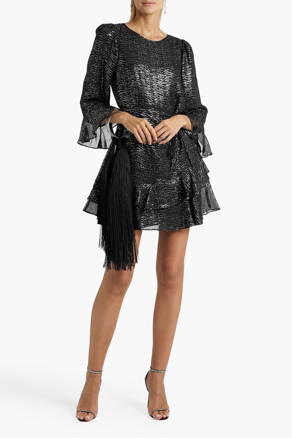 Shop Saloni Marissa Ruffled Metallic Fil Coupé Silk-blend Chiffon Mini Dress In Black