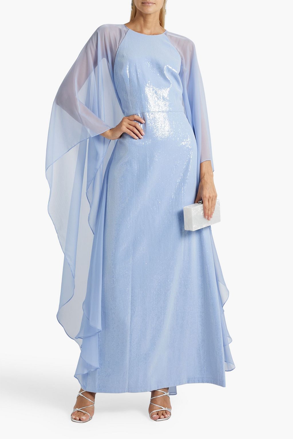 HALSTON Adira cape-effect sequined chiffon gown