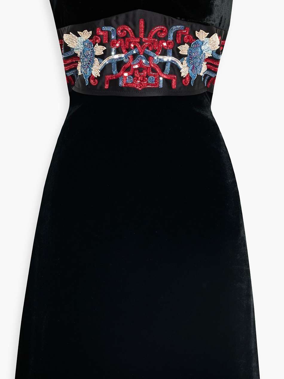 strapless embellished satin and velvet mini dress