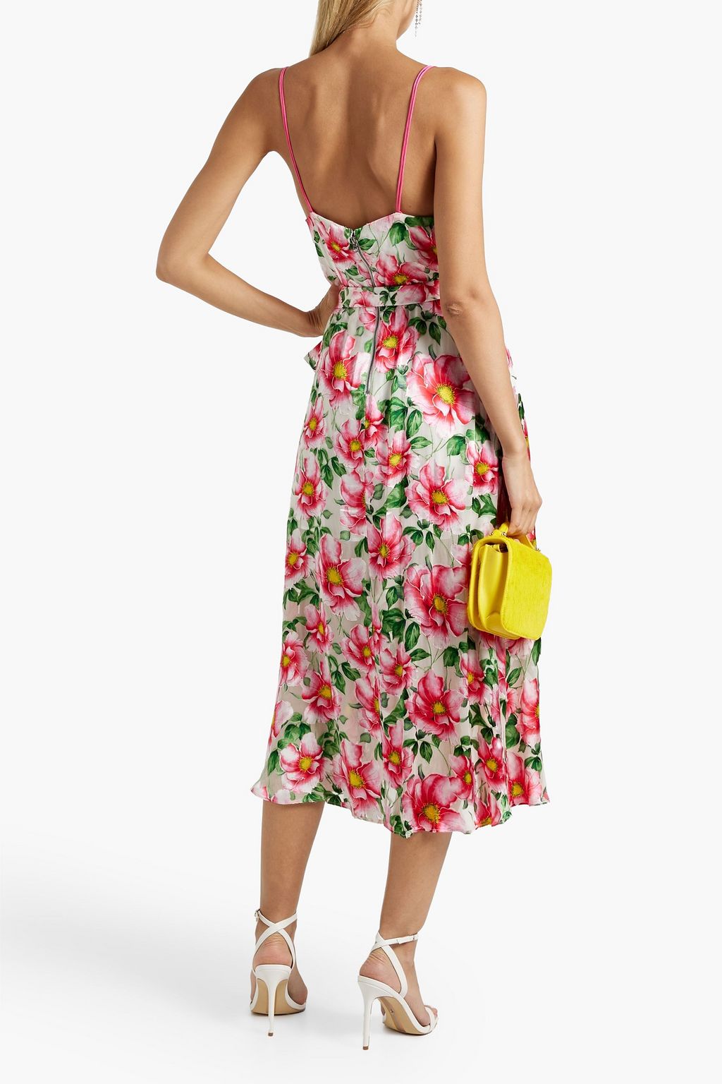 ALICE + OLIVIA サテン ミディワンピース ドレープ入り フローラルプリント
