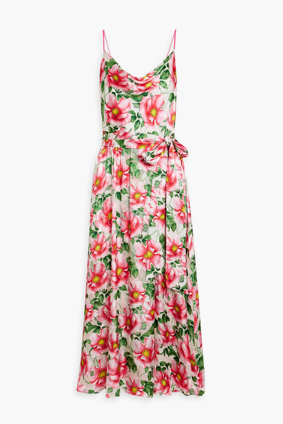 Shop Alice And Olivia Samantha Draped Floral-print Satin Midi Dress In Pink